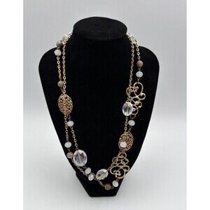 Gold Tone Statement Necklace Crystal Bead Filigree Long Chain Layered